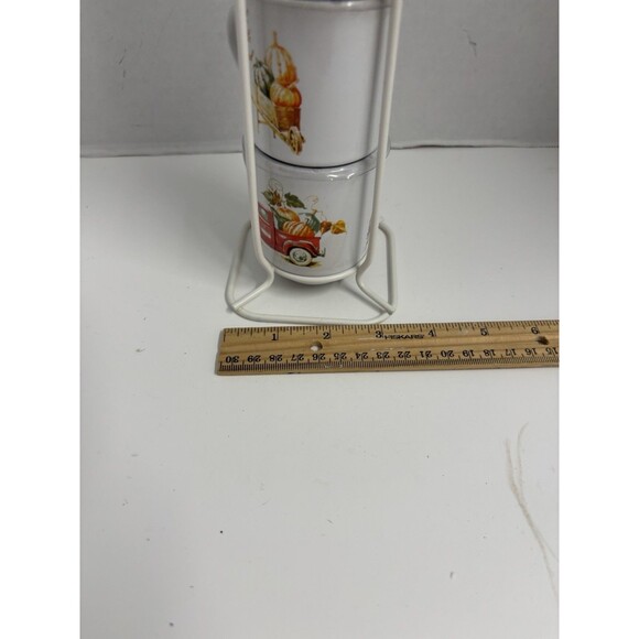 Set Of 4 Stacking Espresso Cups W/Wire Holding Rack Harvest Fall Thanksgiving - Picture 6 of 6